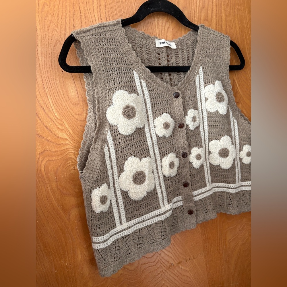 Pink Ripple crochet Brown Floral Knit sweater vest Top L - Picture 7 of 7